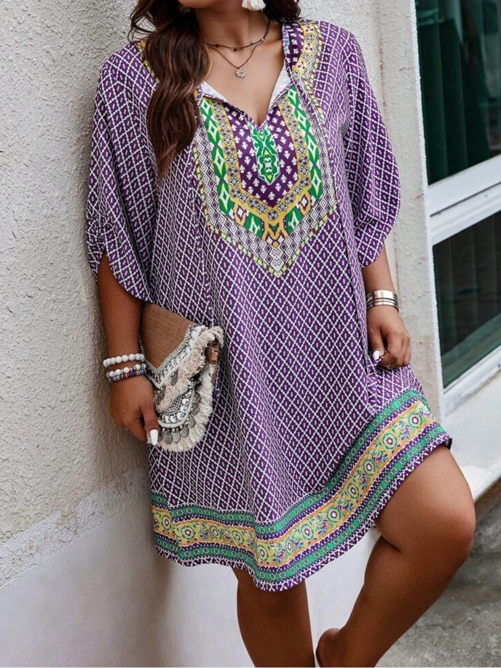 Breezaya Plus Size Roll-Tab Sleeve Dress With Boho Print 2X